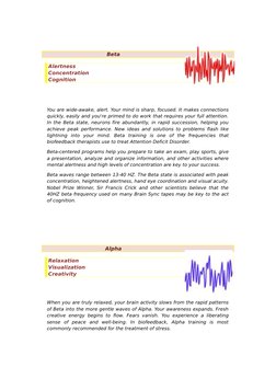 Beta
Alertness
Concentration
Cognition
You are wide-awake, alert. Your mind is sharp, focused. It makes connections 
quickly,