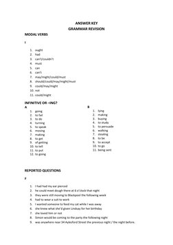ANSWER KEY 
GRAMMAR REVISION 
MODAL VERBS 
I 
1. ought 
2. had 
3. can’t/couldn’t 
4. must 
5. can 
6. can’t 
7. may/might/co