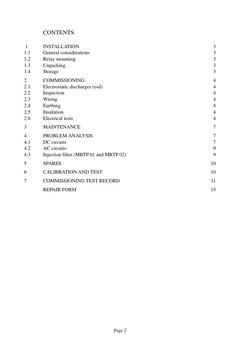 Page 2
CONTENTS
 1
INSTALLATION
3
1.1
General considerations
3
1.2
Relay mounting
3
1.3
Unpacking
3
1.4
Storage
3
2
COMMISSIO