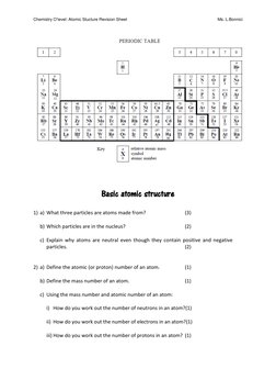 Chemistry O’level: Atomic Stucture Revision Sheet  
 
Ms. L.Bonnici 
 
 
 
Basic atomic structure 
 
1) a) What three particl