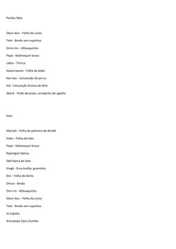 Pambu Njila 
 
Odun-dun - Folha-da-costa 
Teté - Bredo sem espinhos 
Orim-rim - Alfavaquinha 
Pepé - Malmequer bravo 
Labre