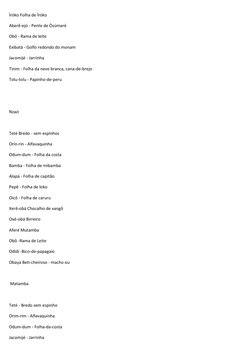 Ìróko Folha de Ìróko 
Aberê-ejó - Pente de Òsúmarè 
Obô - Rama de leite 
Exibatá - Golfo redondo do monam 
Jacomijé - Jarrinh