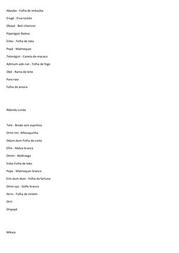 Abauba - Folha de imbaúba 
Eregê - Erva-tostão 
Obayá - Beti-cheiroso 
Piperégún Nativo 
Ìróko - Folha de loko 
Pepé - Malmeq