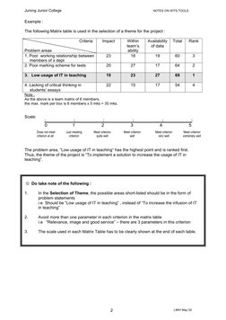 Jurong Junior College 
 
NOTES ON WITS TOOLS 
Example : 
 
The following Matrix table is used in the selection of a theme for
