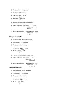 2. Peso de fibra = 11.1 gramos
3. Peso de semilla = 16.8 g
% de fibra =  11.1   = 39.7%
      27.9
4. Acude =  27.9  = 2.51