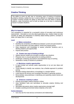 Sample Competency Dictionary
Creative Thinking
The ability to come up with new or innovative ways of looking at business 
pro