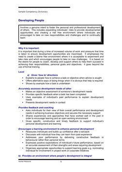 Sample Competency Dictionary
Developing People
Involves a genuine intent to foster the personal and professional development