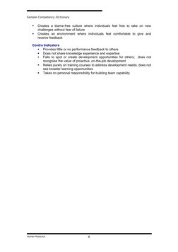 Sample Competency Dictionary

Creates  a  blame-free  culture  where  individuals  feel  free  to  take  on new 
challenges