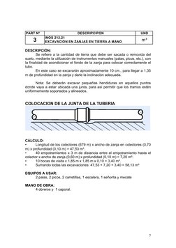 PART Nº
DESCRIPCIPON
UND
INOS 212.21
EXCAVACIÓN EN ZANJAS EN TIERRA A MANO
3
m³
DESCRIPCIÓN:
Se refiere a la cantidad de tier