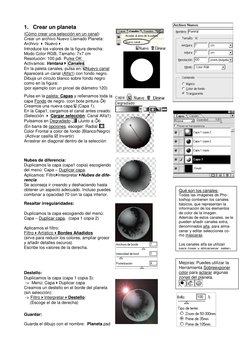 1. Crear un planeta 
(Cómo crear una selección en un canal) 
Crear un archivo Nuevo Llamado Planeta: 
Archivo  Nuevo 
I