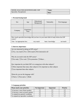 NEEDS ANALYSIS QUESTIONNAIRE: ESP 
Speciality: Receptionist
Name: 
Date:
1. Personal background 
Sex
Age
Educational 
Backgro