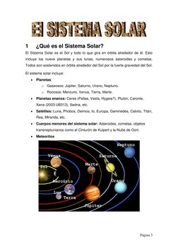 Página 3 
 
 
1 
¿Qué es el Sistema Solar? 
El Sistema Solar es el Sol y todo lo que gira en órbita alrededor de él. Esto 
i