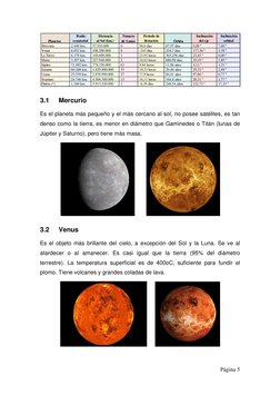 Página 5 
 
 
3.1 
Mercurio 
Es el planeta más pequeño y el más cercano al sol, no posee satélites, es tan 
denso como la ti