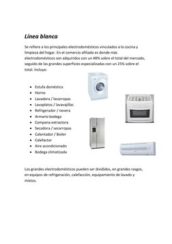 Línea blanca 
Se refiere a los principales electrodomésticos vinculados a la cocina y 
limpieza del hogar. En el comercio a
