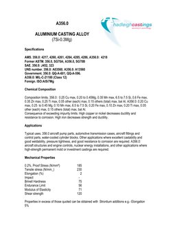 A356.0
ALUMINIUM CASTING ALLOY
      (7Si-0.3Mg)
Specifications
AMS. 356.0: 4217, 4260, 4261, 4284, 4285, 4286, A356.0:  4218