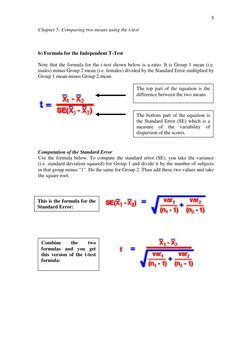 Chapter 5: Comparing two means using the t-test 
 
 
5 
 
b) Formula for the Independent T-Test 
 
Note that the formula