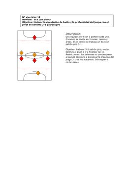 Descripción: 
Dos equipos de 4 con 1 portero cada uno. 
El campo se divide en 3 zonas: centro y 
áreas. En
