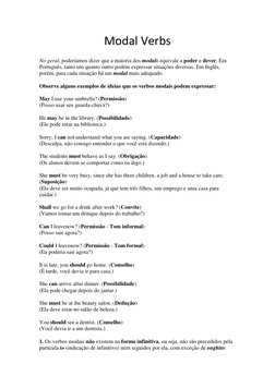 Modal Verbs 
No geral, poderíamos dizer que a maioria dos modals equivale a poder e dever. Em 
Português, tanto um quanto out