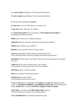 You can't (cannot) smoke here. (Você não pode fumar aqui.) 
He can't (cannot) speak Chinese. (Ele não sabe falar Chinês.) 
b.