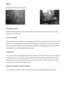 Defect 3 
Discoloration and cracks of wall paint 
 
 
 
 
 
 
Investigation method 
Through visual inspection could be able t