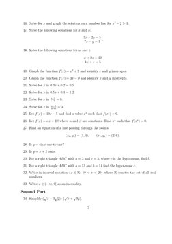 16. Solve for x and graph the solution on a number line for x2 −2 ≥1.
17. Solve the following equations for x and y:
3x + 2y