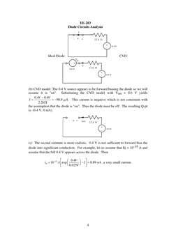 EE-203 
Diode Circuits Analysis 
 
 
 
4 
Ideal Diode:   
0.4 V
+
-
+
-
V
I
2.2 k Ω
 CVD:   
0.4 V
+
-
0.6 V
I
2.2 k Ω
+
-
on
