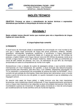 CENTRO EDUCACIONAL FUCAPI – CEEF 
CURSO TÉCNICO – ELETRÔNICA 
APOSTILA – INGLÊS TÉCNICO 
 
 
Inglês Técnico - Página 2 
 
 
I