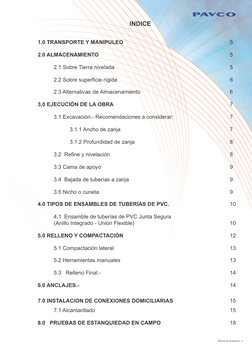 Manual de instalación   3
INDICE
1.0 TRANSPORTE Y MANIPULEO
  
 
 
 
 
 
 
5
 
2.0 ALMACENAMIENTO  
 
 
 
 
 
 
 
 
5
 
2.1