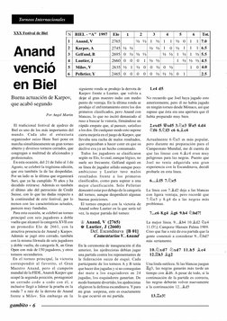 Torneos Internacionales 
XXX Festival de Biel 
IN 
1 
2 
3 
Anand 
. 
, 
4 
5 
6 
venc1o 
en Biel 
Buena actuación de Karpov,