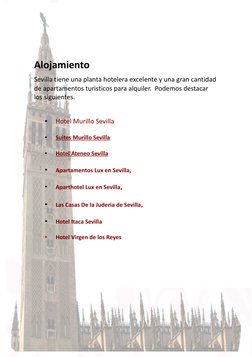Alojamiento
Sevilla tiene una planta hotelera excelente y una gran cantidad
de apartamentos turisticos para alquiler.  Podemo