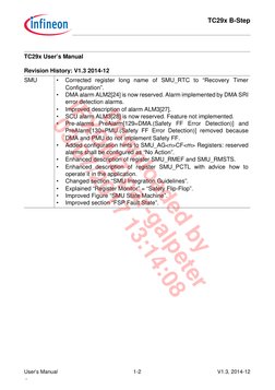 TC29x B-Step
 
User’s Manual
1-2
V1.3, 2014-12
 ,  
 
SMU
•
Corrected register long name of SMU_RTC to “Recovery Timer
Config