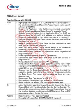 TC29x B-Step
 
User’s Manual
1-3
V1.3, 2014-12
 ,  
 
PMU
•
Highlighted in the description of FCON and the wait cycle descrip