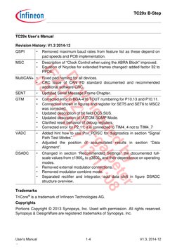 TC29x B-Step
 
User’s Manual
1-4
V1.3, 2014-12
 ,  
 
Trademarks
TriCore® is a trademark of Infineon Technologies AG.
Copyrig