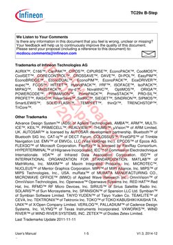 TC29x B-Step
 
User’s Manual
1-5
V1.3, 2014-12
 ,  
 
Trademarks of Infineon Technologies AG 
AURIX™, C166™, CanPAK™, CIPOS™,