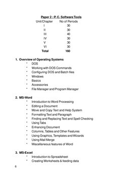 6
Paper 2 : P. C. Software Tools
           Unit/Chapter        No of Periods
I
30
II
30
III
40
IV
30
V
30
VI
30
 Total
160
1