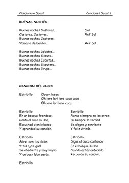 Cancionero Scout 
Canciones Scouts 
BUENAS NOCHES 
 
Buenas noches Castores,  
 
 
Sol 
Castores, Castores,  
 
 
 
Re7 S