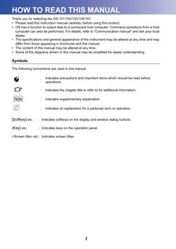 i
HOW TO READ THIS MANUAL
Thank you for selecting the OS-101/102/103/105/107.
• Please read this instruction manual carefully