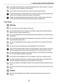 1. PRECAUTIONS FOR SAFE OPERATION
2
Power Supply

Do not place the instrument in a case with a damaged catch, belt or handle