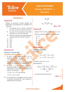 SOLUCIONARIO
Examen UNI 2019 – I
Matemática
Prohibida su venta
www.trilce.edu.pe
1
matemática
Pregunta 01
Indique la secuenc