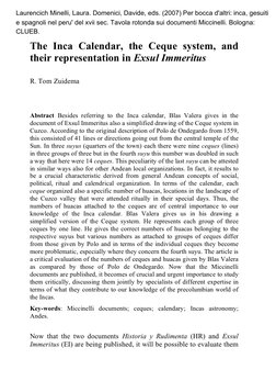 The Inca Calendar, the Ceque system, and 
their representation in Exsul Immeritus 
R. Tom Zuidema 
Abstract Besides referring