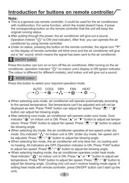8
● When selecting auto mode, air conditioner will operate automatically according 
   to the sensed temperature. Set tempera