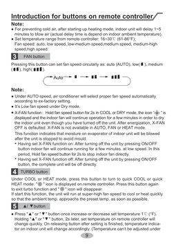 FAN button
3
Pressing this button can set fan speed circularly as: auto (AUTO), low(    ), medium
(      ), high(         ).