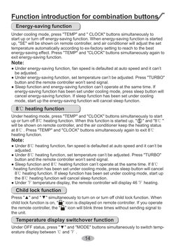 14
Function introduction for combination buttons
Energy-saving function
Under cooling mode, press "TEMP" and " CLOCK" buttons