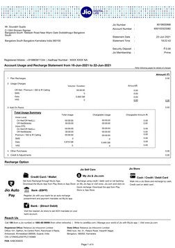 Jio Number            :     
Account Number   : 
Statement Date      :
Statement Time      : 
9019835968
600103323382
22-Jun-