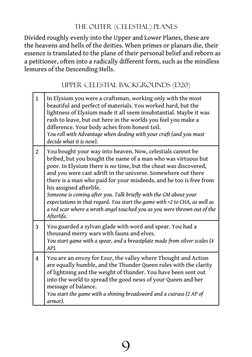 9
The Outer (Celestial) Planes
Divided roughly evenly into the Upper and Lower Planes, these are 
the heavens and hells of th
