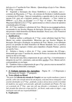 9 
da Loja e é o 1º auxiliar do Ven∴ Mestre. - Quem dirige a Loja é o Ven∴ Mestre. 
Os VVig∴ o auxiliam. 
II - Seguindo a hie