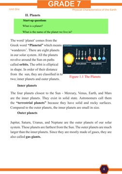 Unit One
Physical Characteristics of the Earth
GRADE 7  
4
II. Planets
The word ‘planet’ comes from the 
Greek word	“Planetai