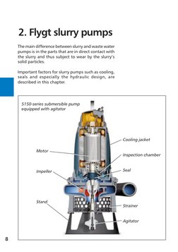 8
2. Flygt slurry pumps
The main difference between slurry and waste water
pumps is in the parts that are in direct contact w