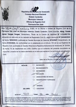 República Borl.a de Venezuela 
Consejo Nacional Electoral 
Estado Carabobo 
Municipio Valencia 
Oficina de Registro Civil 
Pa