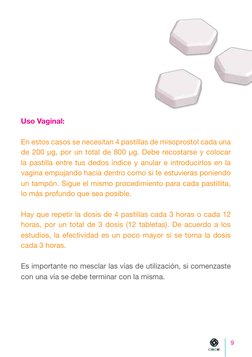 9
Uso Vaginal:
En estos casos se necesitan 4 pastillas de misoprostol cada una 
de 200 µg, por un total de 800 µg. Debe recos